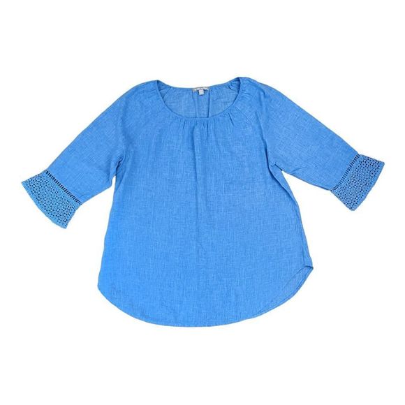 Woman Within Size M 14/16 Blue Linen Blend w/Lace Detail Peasant Boho Tunic Top - Picture 4 of 6